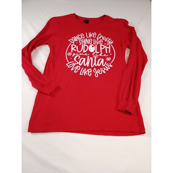 Women's /Junior Christmas Rudolph Santa Jesus Long Sleeve Red T-shirt Size Small - Picture 2 of 14